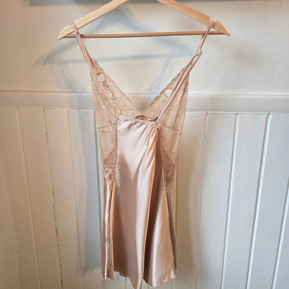 Y2K Avidlove Satin Lace Cami Slip Dress‎ Champagne Mini Nighty Feminine Fairy Lg